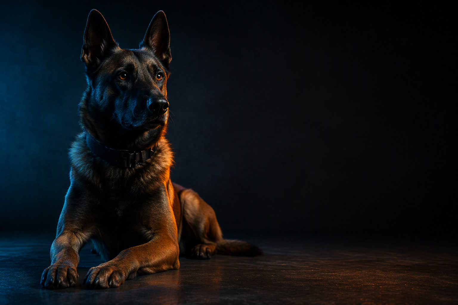 A calm and alert noble working dog in dramatic low-key lighting, representing BitLOGIC's watchful and trustworthy managed security services for Australian businesses.